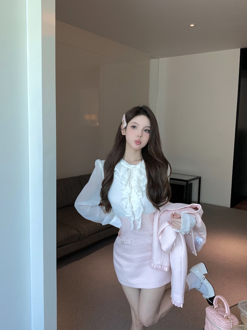 實拍 少女粉短款小香風開衫外套+荷葉領襯衣拼接包臀連衣裙