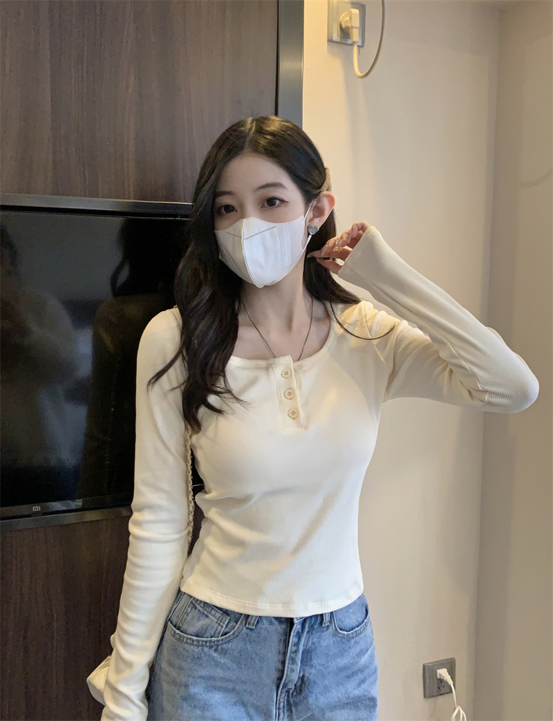 實拍~磨毛方領鎖骨內搭打底衫修身長袖上衣女