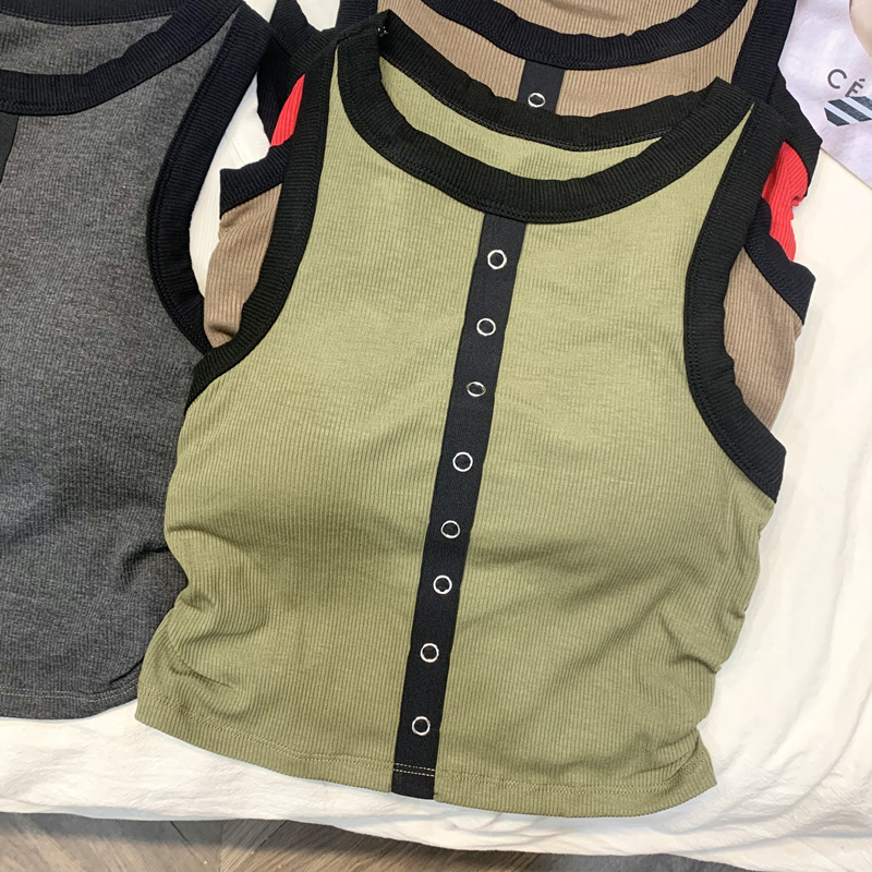 實拍帶胸墊打底運動背心吊帶女美式外穿內搭外穿白色紐扣灰色上衣
