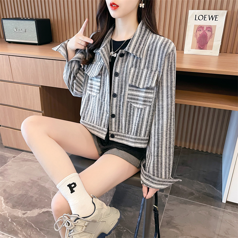 實拍韓版polo領條紋長袖寬鬆大碼襯衫女