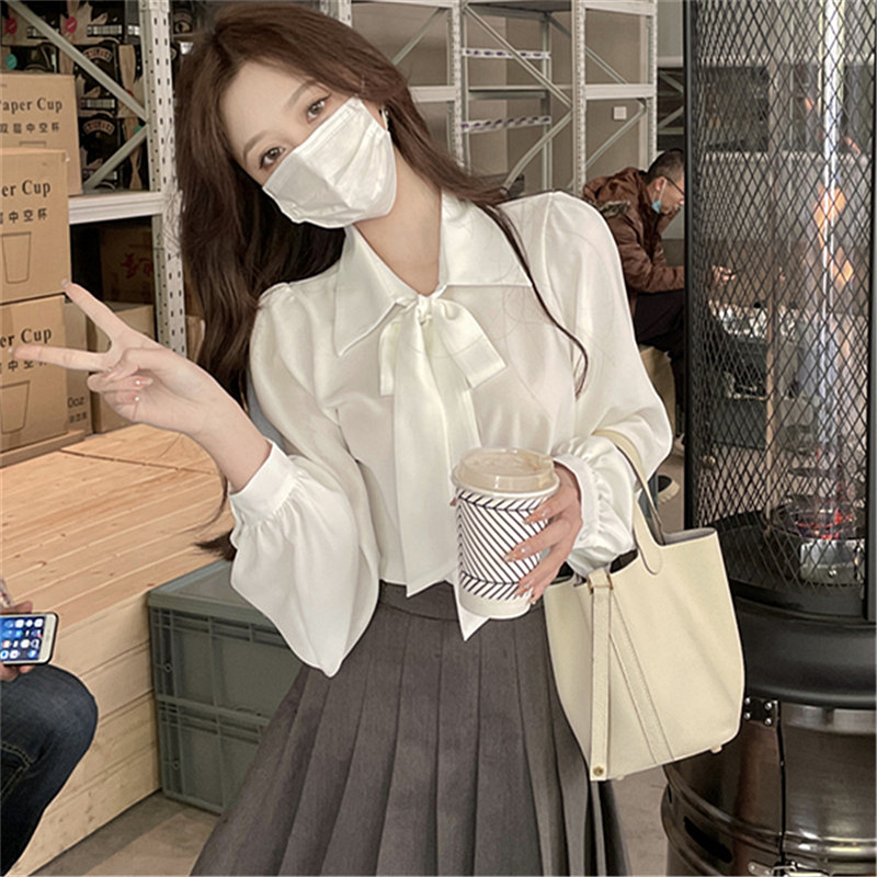 Bow tie shirt women's design niche new 2024 spring and autumn chic high-end long-sleeved OL top