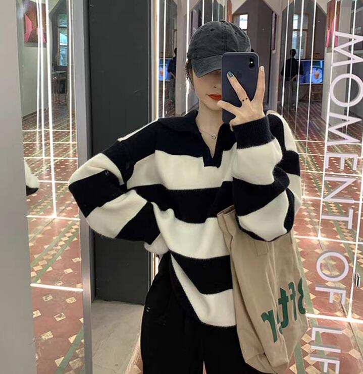 Polo領條紋毛衣女 韓版慵懶風百搭休閒寬鬆拼色針織衫