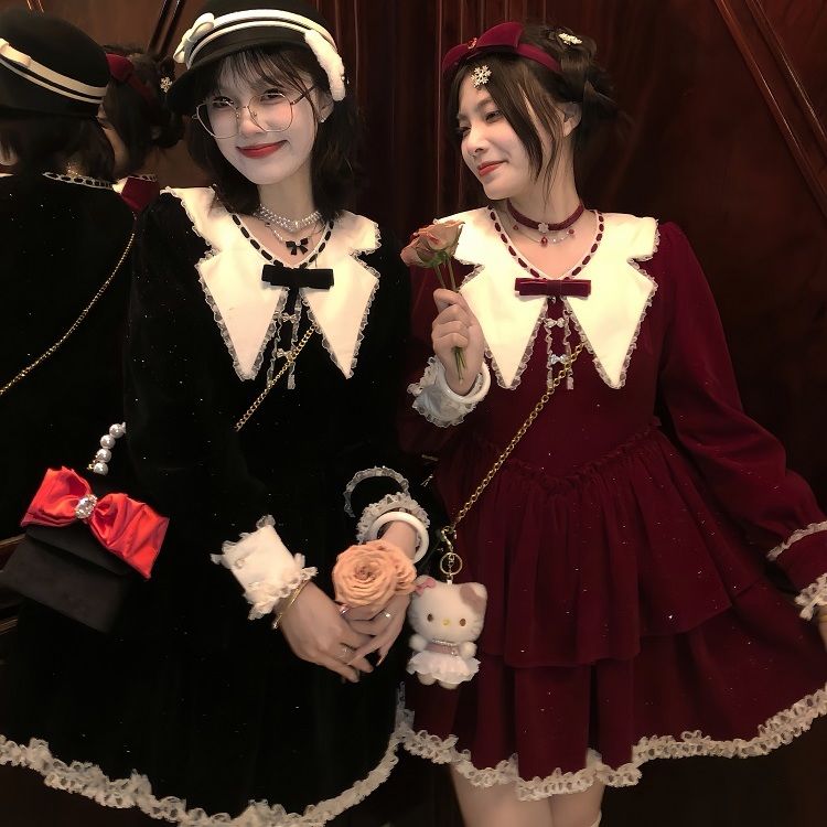 設計感娃娃領絲絨公主裙女開春高級感小個子收腰顯瘦新年紅連衣裙