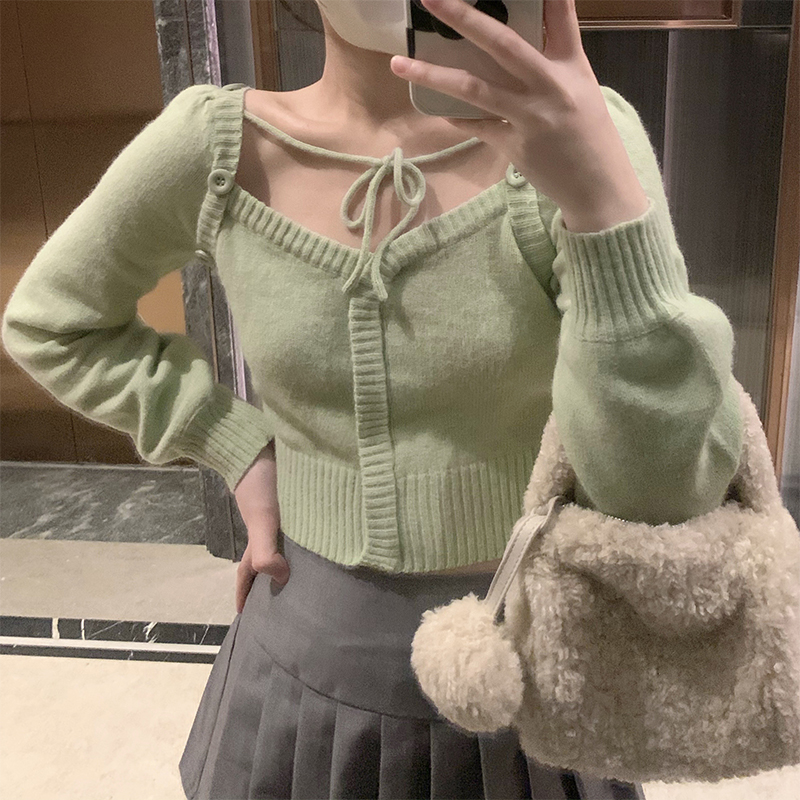 GRID STUDIO綠色針織打底衫女修身早春新款V領長袖毛衣短款上衣