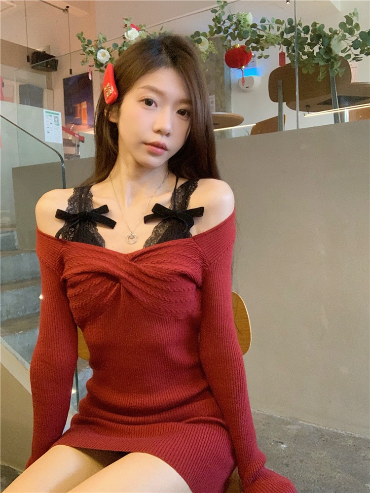 實拍~雪夜芭比 復古收腰針織連衣裙女設計感蝴蝶結打底上衣