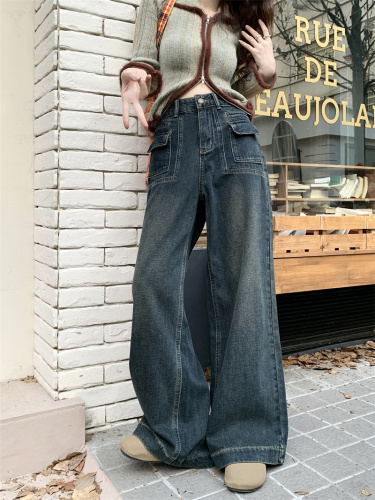 Actual shot of new high-waist workwear loose wide-leg long jeans for women