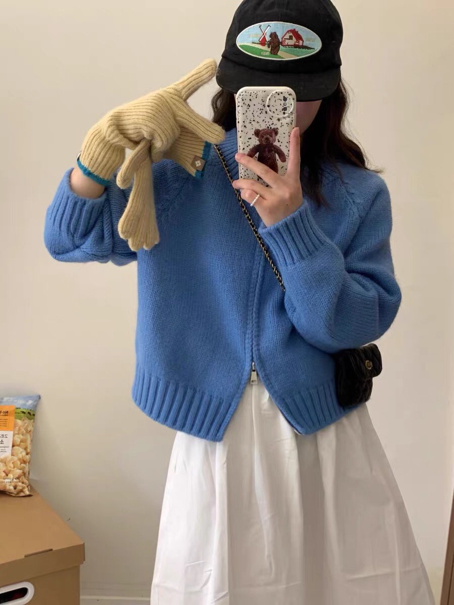 秋季新款韓系高級感雙拉鏈毛衣外套上衣女短款圓領針織開衫厚