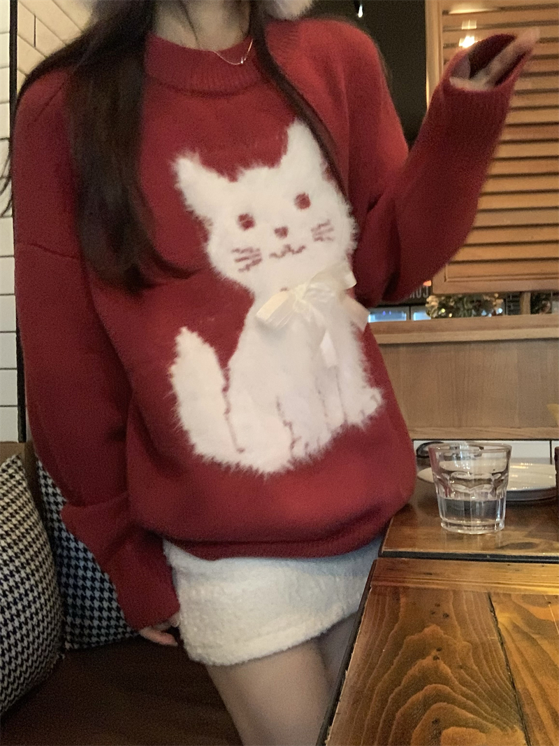 Real shot~original lazy new year red sweater with bow cat loose sweater and sweater