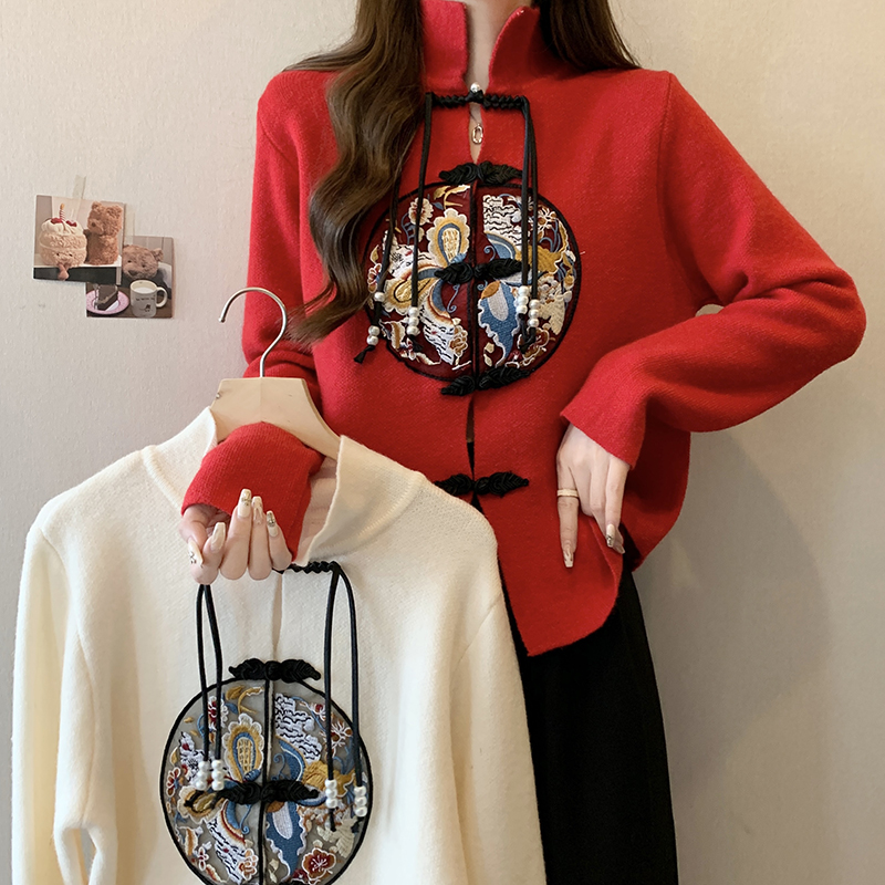 實拍大碼女裝2024新春款新中式國風盤扣重工刺繡立領開衫毛衣
