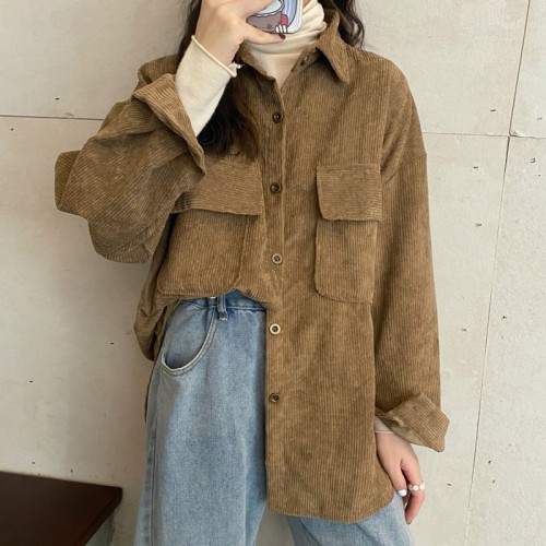 Actual shot of new autumn and winter Korean style retro corduroy mid-length lazy loose shirt jacket