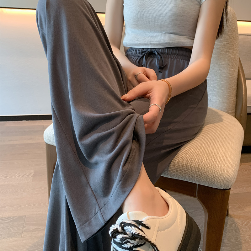 實拍 2024春夏新款韓版百搭闊腿褲女垂感休閒窄版防蚊防曬冰絲褲