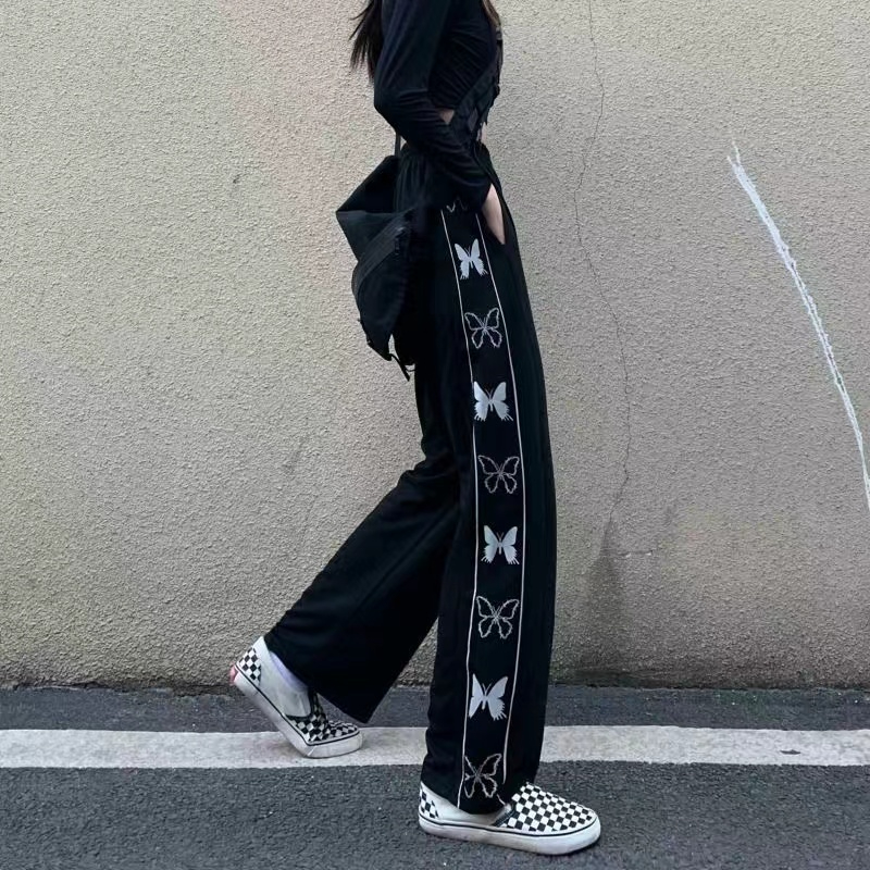 原宿風褲子女春季韓版INS復古蝴蝶印花休閒長褲潮