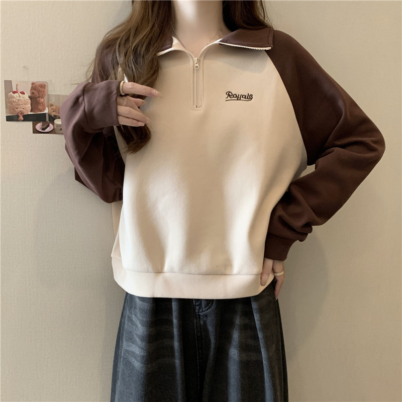 實拍 2024春裝新款純棉華棉春秋薄款POLO領插色衛衣女潮上衣