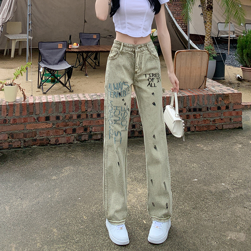 實拍~新款刺繡卡其色潑墨直筒牛仔褲女高腰顯瘦辣妹老爹褲潮