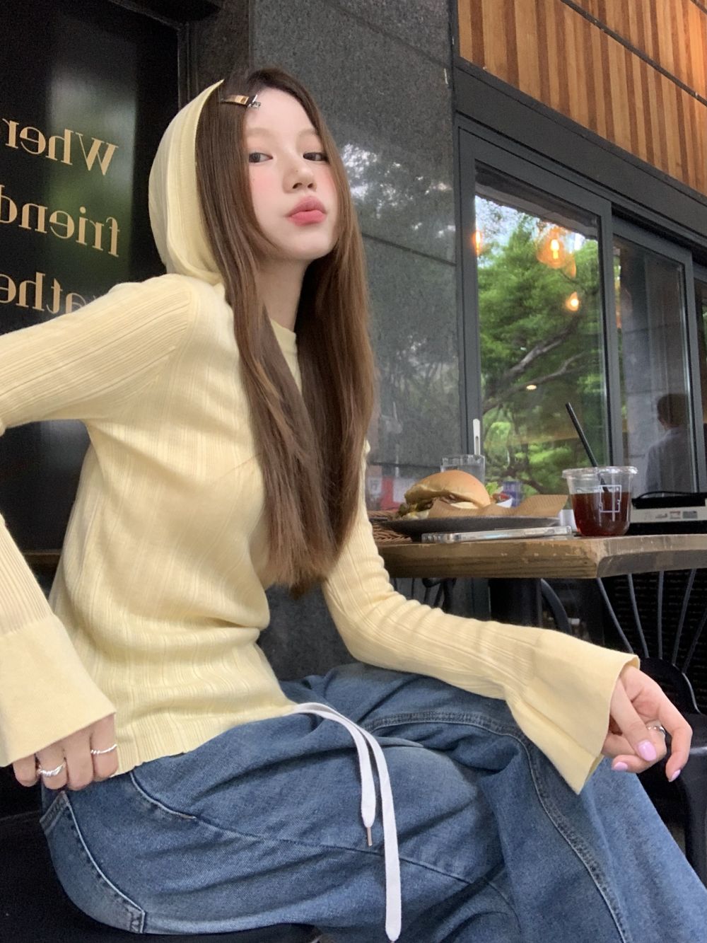 Real shot of three standard autumn slim long-sleeved hooded sweaters for women slimming tops