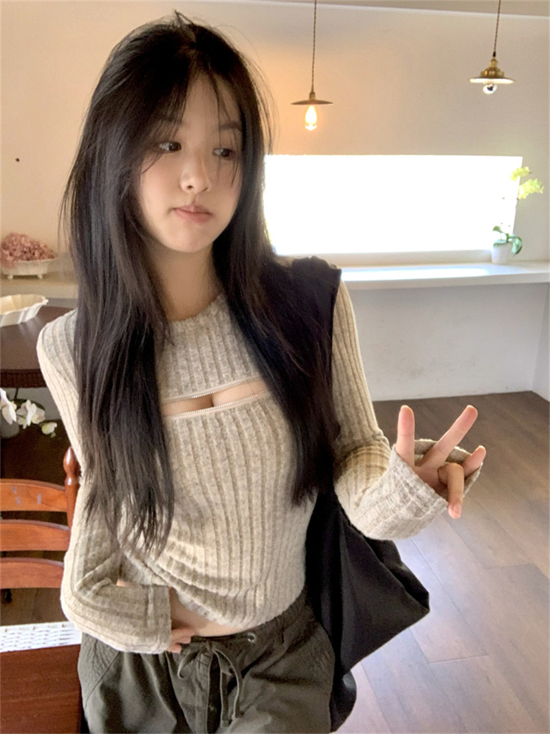 實拍   早春顯瘦拉鏈長袖坑條上衣
