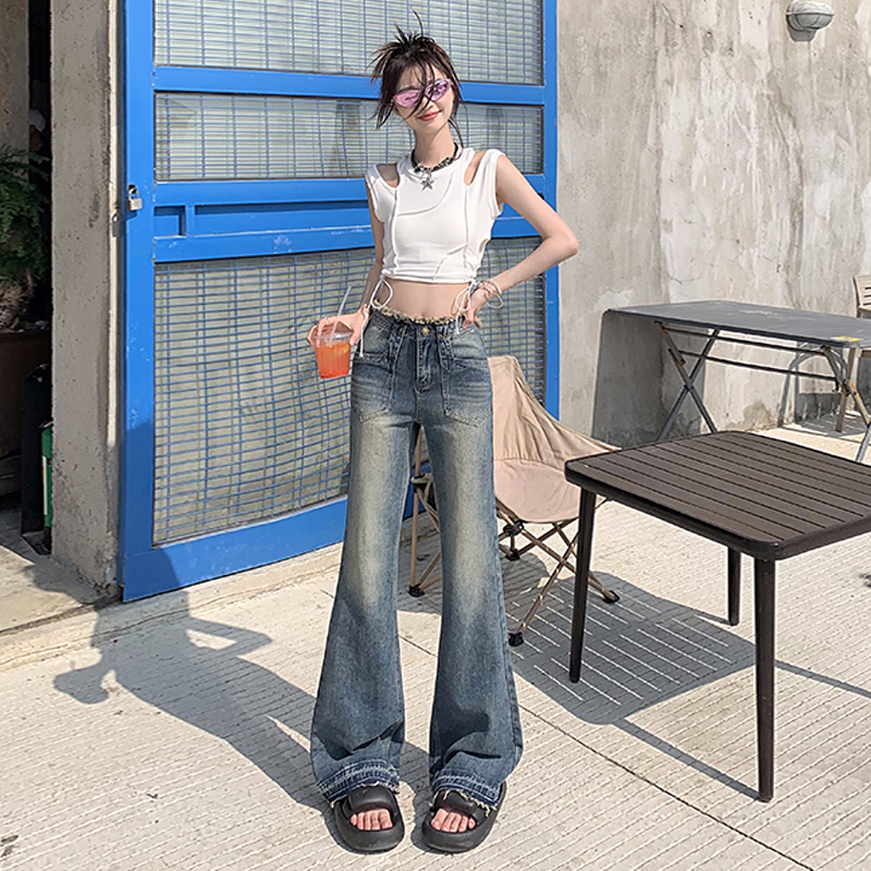 實拍~秋季復古垂感牛仔褲女美式小眾高腰毛邊寬鬆直筒拖地闊腿褲