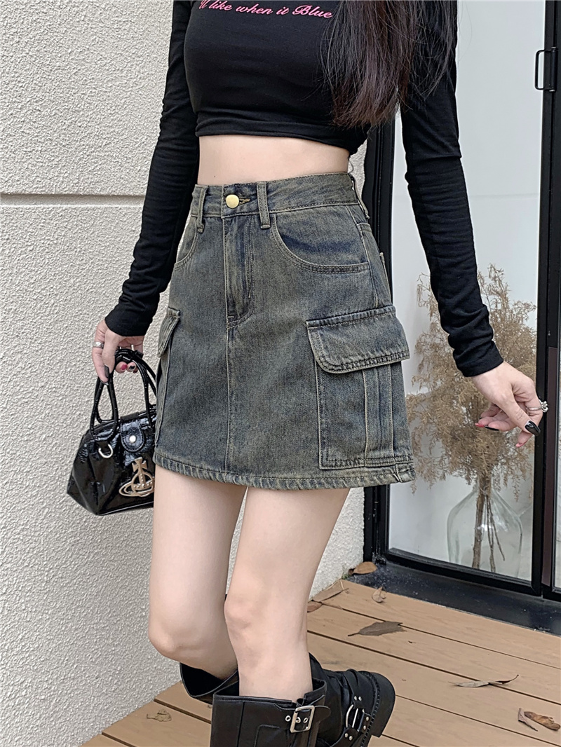 Actual shot ~ American retro distressed anti-exposure workwear denim A-line short skirt for women
