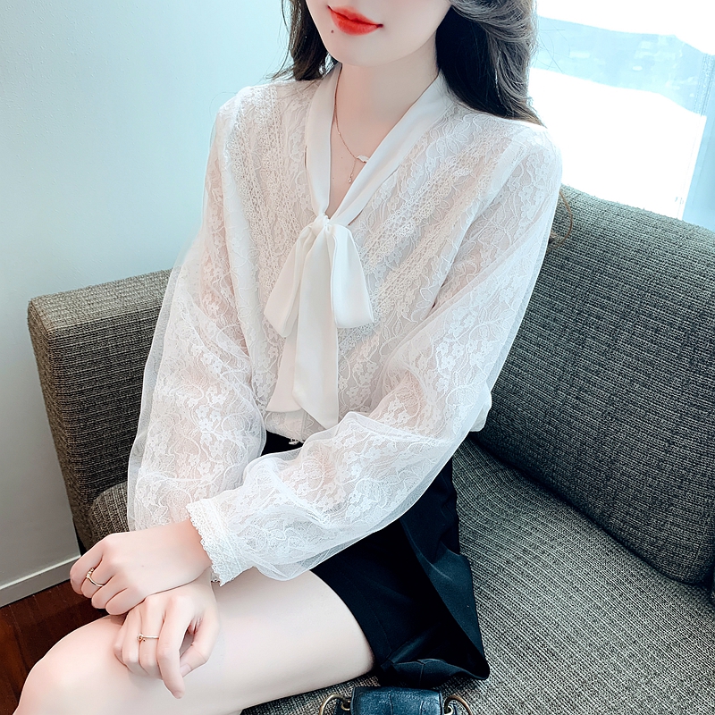 仙女純白蕾絲襯衫春裝女2024年春季新款蝴蝶結法式上衣