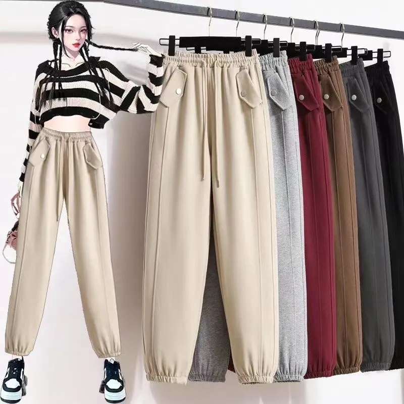 2024 plus velvet large size autumn and winter large size high waist loose slim design versatile sports casual pants for women