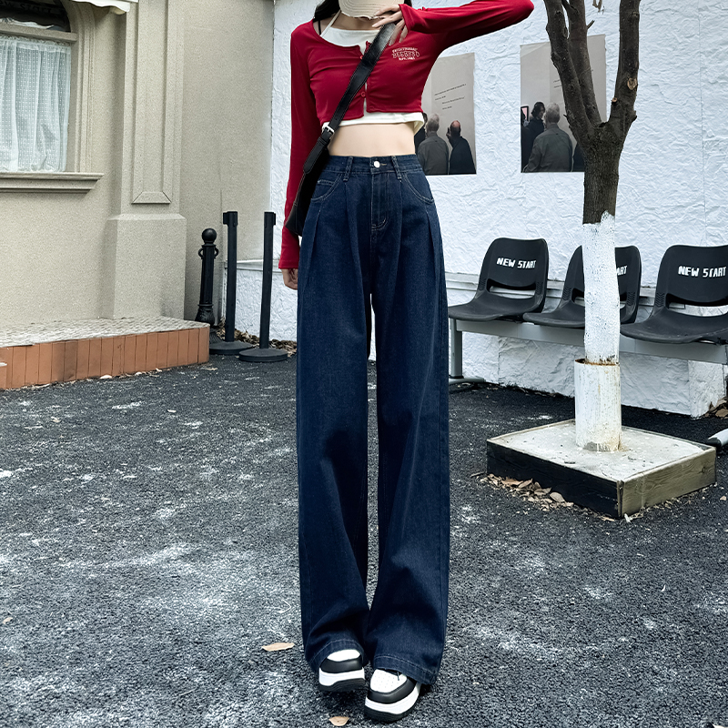 高腰闊腿牛仔褲女春季2024年新款梨形身材顯瘦垂感窄版直筒拖地褲