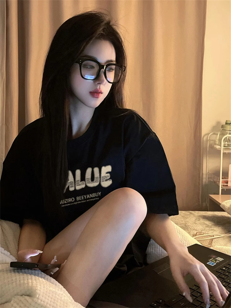 220克精梳緊密賽洛夏季設計感字母印花短袖T恤女