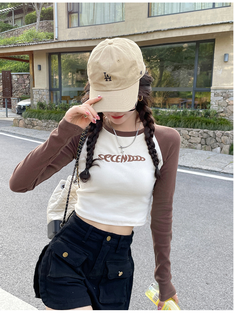 官圖 圓領插肩袖修身短款T恤女裝夏季字母刺繡打底衫撞色上衣