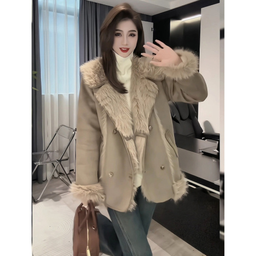 Quality Inspection Official Picture Large Lapel Double-breasted Jacket Women's Winter Style Western-style One-piece Furry Temperament Light Luxury Fashion Coat