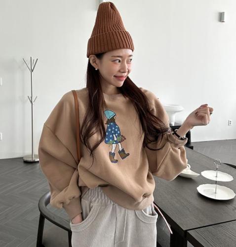 !  INS Korea Dongdaemun age-reducing girlish autumn and winter velvet cartoon sweatshirt women's round neck long-sleeved jacket