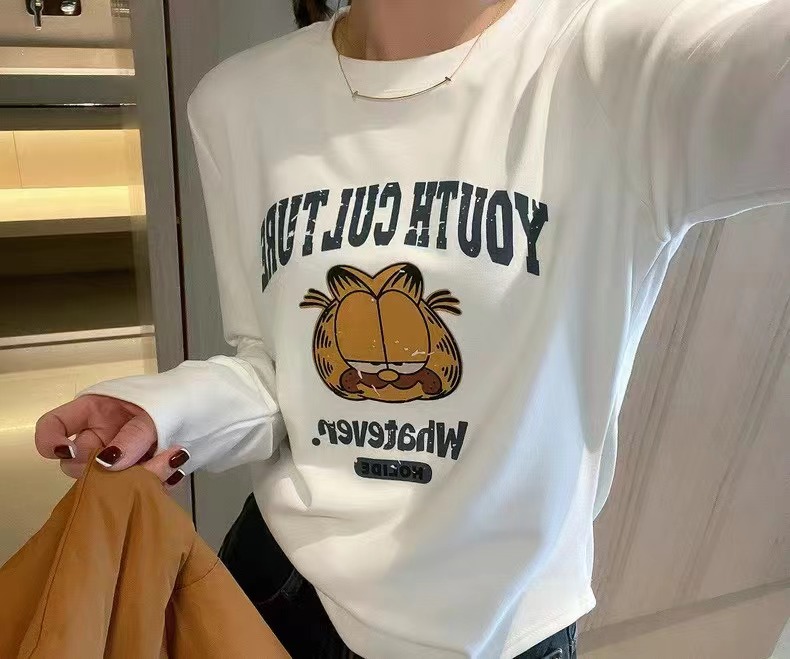 早春新品韓版時尚女裝圓領卡通圖案印花長袖打底衫T恤上衣