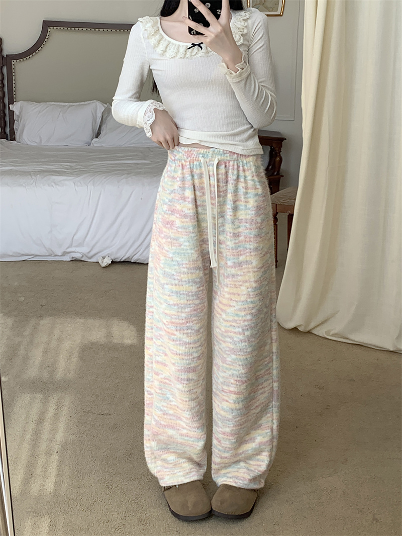 Actual shot~Fleece rainbow glutinous rice pants for women, high-waisted, casual, versatile, straight-leg, soft, glutinous knitted wide-leg pants