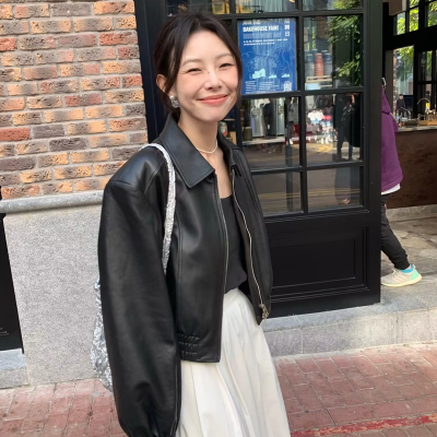Black pu leather jacket for women 2024 new motorcycle leather jacket short style small spring and autumn style American retro