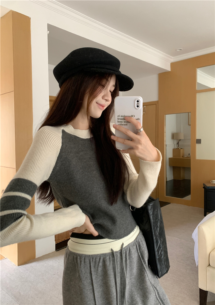 實拍~休閒套裝女撞色條紋短款針織衫冬季高腰闊腿長褲兩件套