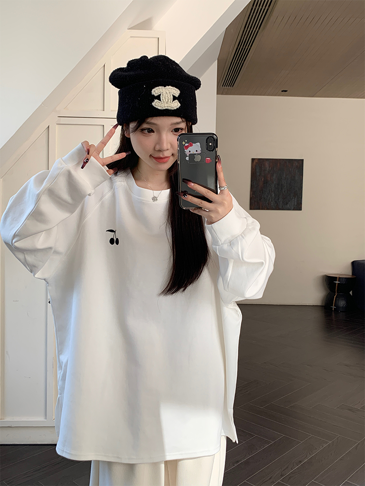 實拍 早春韓chic簡約人手一件多色櫻桃花長袖T恤