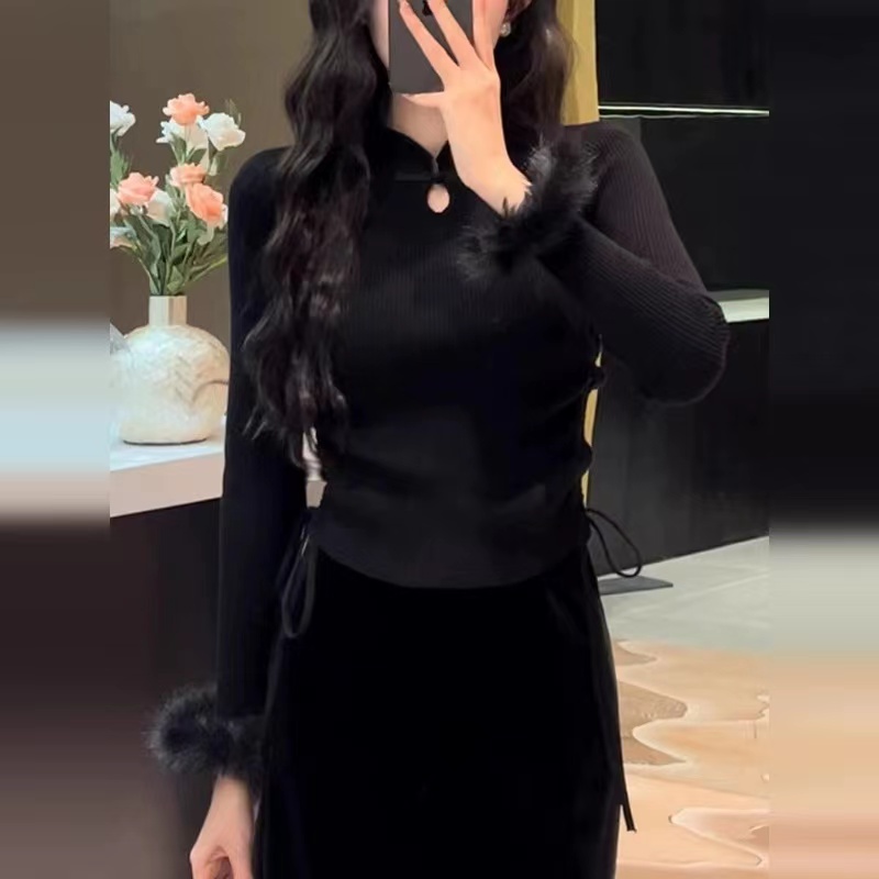 新中式盤扣國風毛衣女秋冬新款高級感毛毛內搭打底衫針織上衣