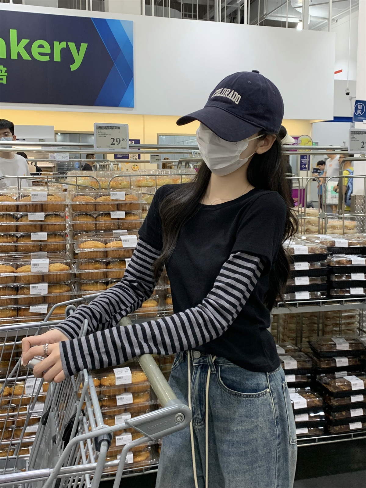 Actual shot of early spring Korean style fake two-piece stitched versatile striped design pure cotton long-sleeved T-shirt top for women