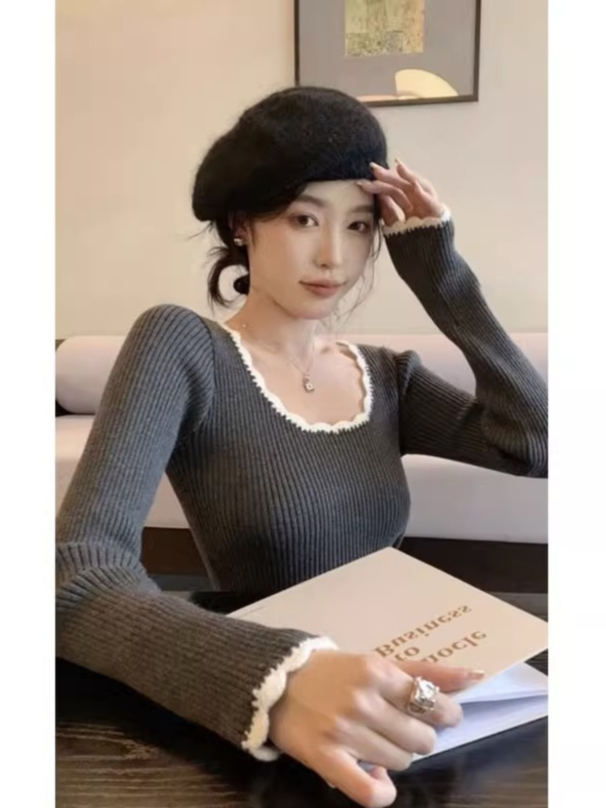 2024春裝新款花邊撞色方領打底針織衫女內搭毛衣上衣