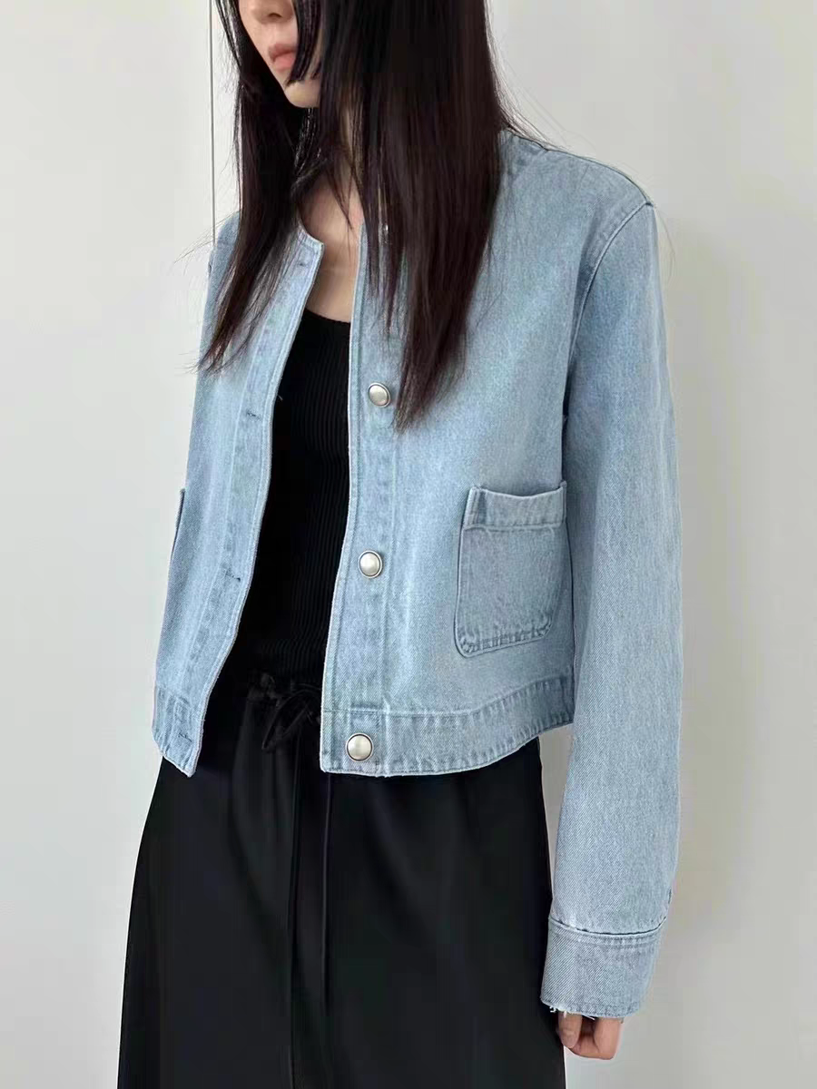 South Korea's Dongdaemun New Year's Spring Retro Round Neck Double Pocket Simple Denim Short Jacket for Women