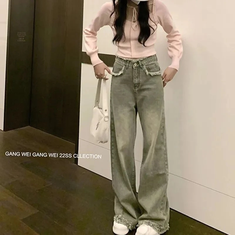 港味毛邊牛仔褲女高腰春秋季設計感闊腿褲復古做舊直筒拖地長褲子