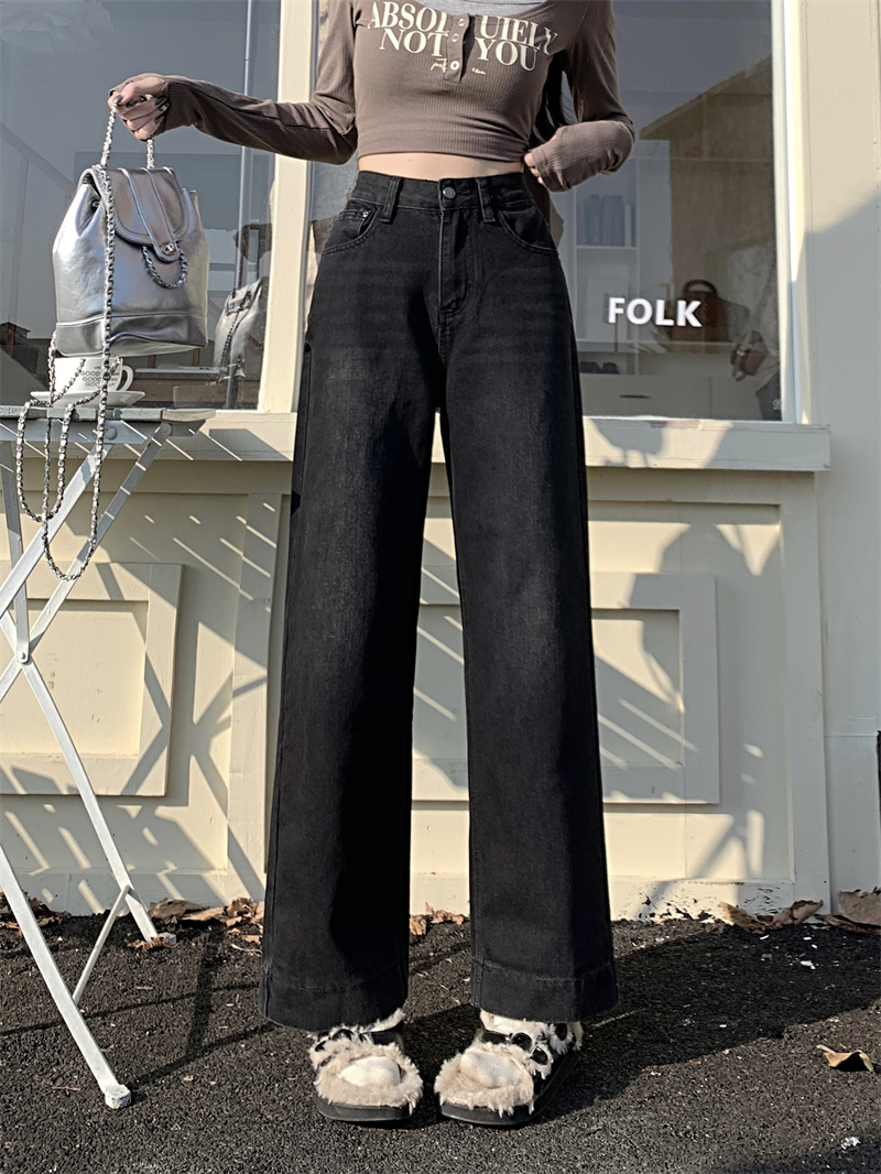 實拍早春新款高腰牛仔褲女小個子寬鬆顯瘦直筒闊腿褲垂感褲子