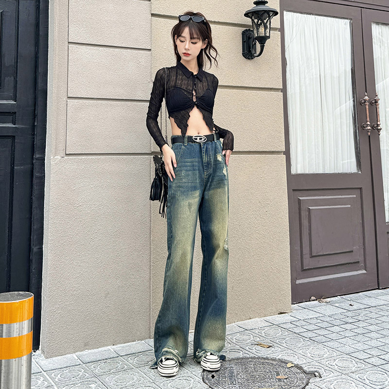 實拍 復古闊腿褲 懷舊寬鬆闊腿牛仔褲春夏美式高腰直筒長褲