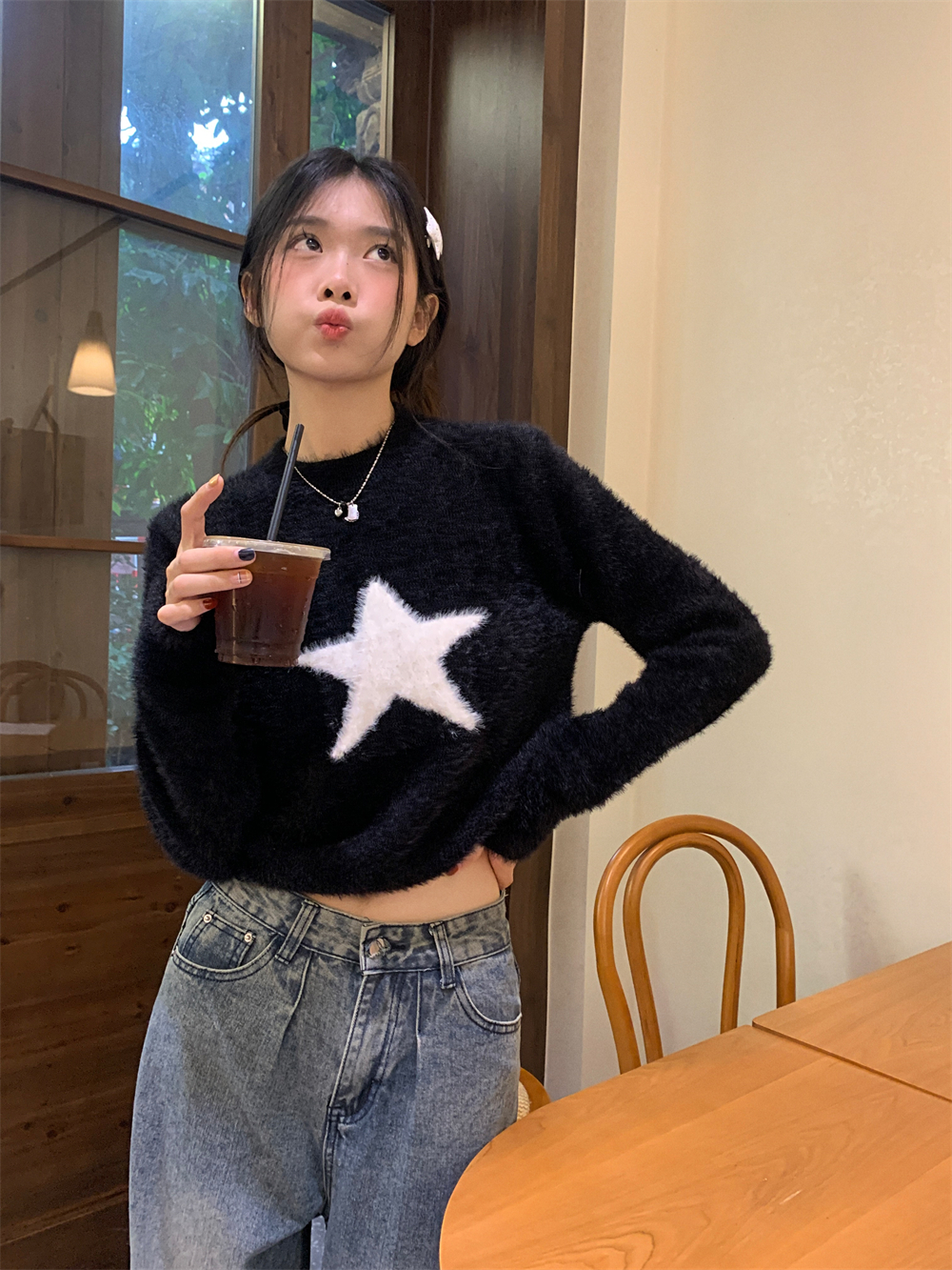 實拍  星星毛衣圓領短款仿水貂絨春季毛針織衫