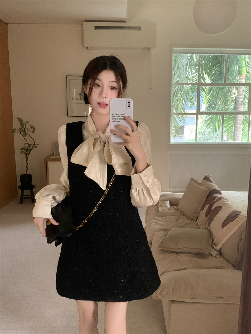 實拍早春蝴蝶結綁帶襯衣小香毛呢背帶連衣裙時尚套裝