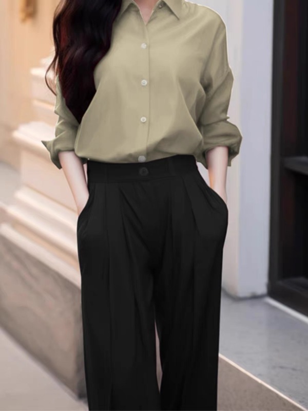 Green shirt suit women's French high-end 2024 spring and autumn new long-sleeved top wide-leg pants two-piece set