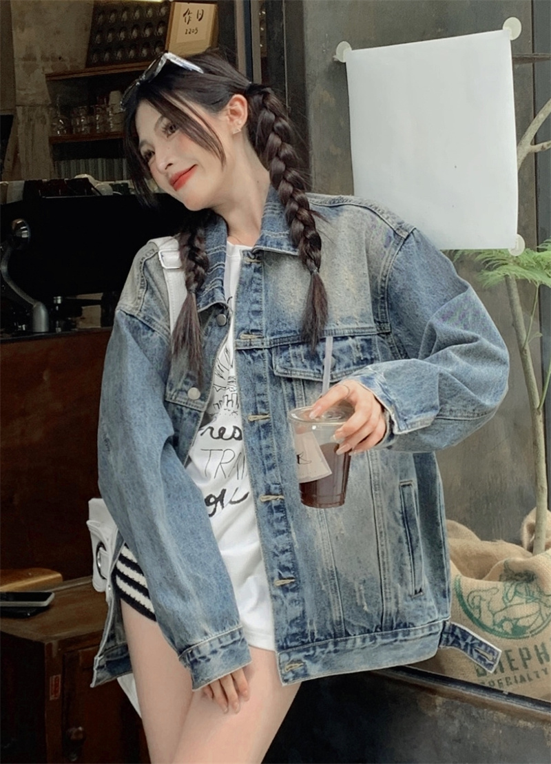 Actual shot~Boyfriend style old frayed denim jacket for women autumn thin loose slimming Korean style lazy style top