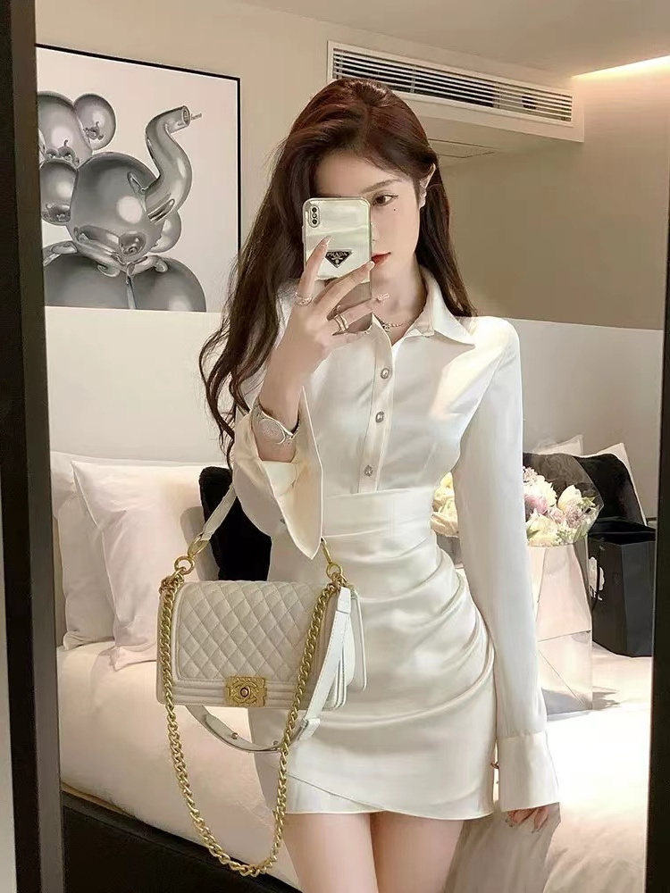 高冷御姐風OL高級感緞面襯衫裙修身包臀polo領高端精緻連衣裙