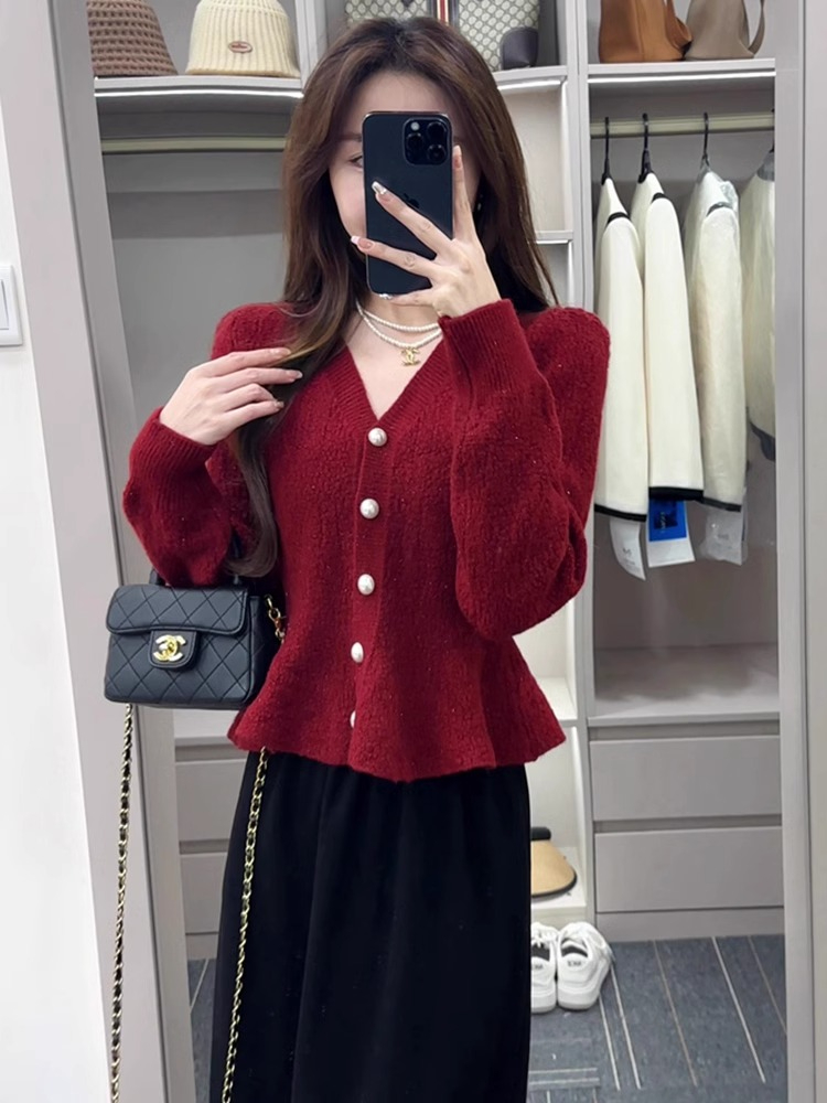 Imitation Mink 2024 Spring New V-neck Lady Style Waist Ruffled Knitted Cardigan Sweater for Women