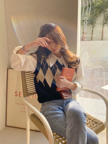 British college style sweater vest for women spring layered rhombus contrasting knitted vest pony clip retro top short style