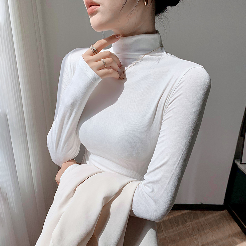 實拍面膜T恤女長袖半高領打底小衫內搭春秋冬中領莫代爾純色
