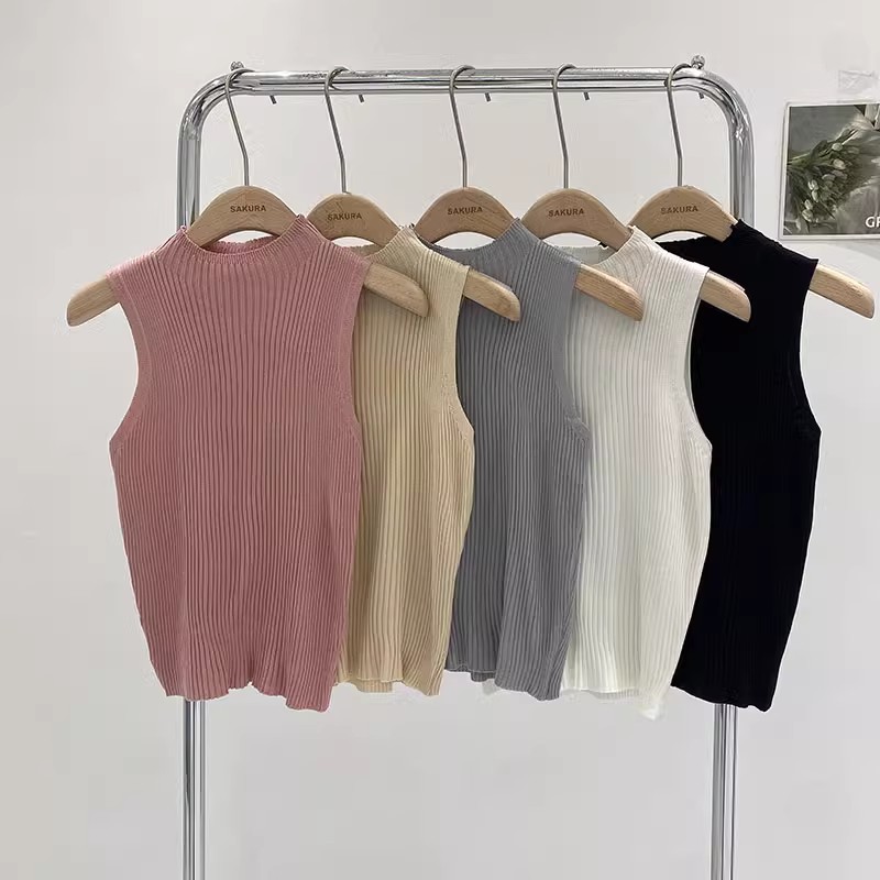 Half turtleneck bottoming shirt for women, autumn style, sweater, knitted vest, short slim fit, sleeveless top